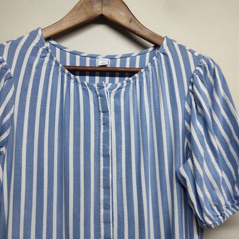 Old Navy Midi Dress Women M Blue Stripe Short Puffy Sleeve Spring Cottagecore - Picture 2 of 8